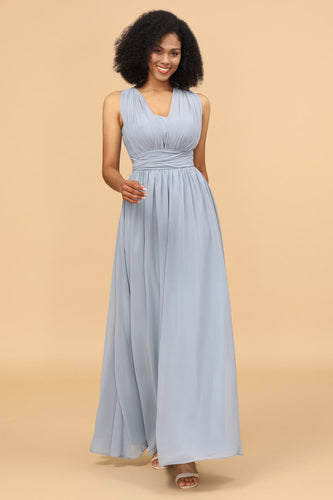 Grey Blue Convertible Long Chiffon Bridesmaid Dress