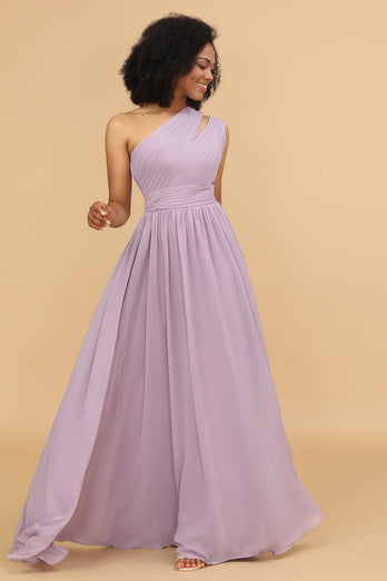 Lilac Chiffon One Shoulder Bridesmaid Dress with Ruffles