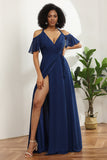 Cold Shoulder Navy Chiffon Bridesmaid Dress with Slit