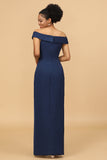 Navy Off The Shoulder Satin Sheath Bridesmaid Dress