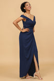 Navy Off The Shoulder Satin Sheath Bridesmaid Dress