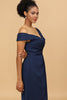 Load image into Gallery viewer, Navy Off The Shoulder Satin Sheath Bridesmaid Dress