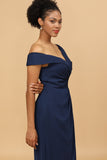 Navy Off The Shoulder Satin Sheath Bridesmaid Dress