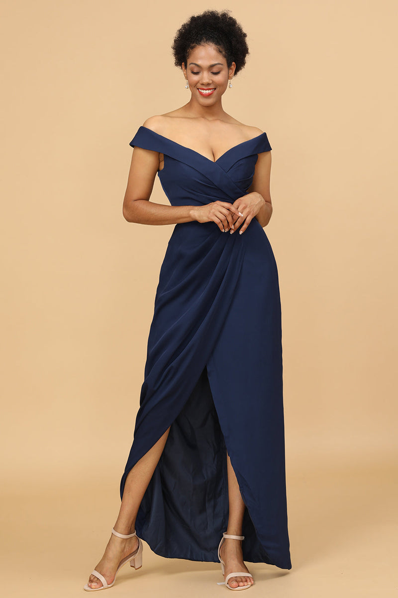 Load image into Gallery viewer, Navy Off The Shoulder Satin Sheath Bridesmaid Dress