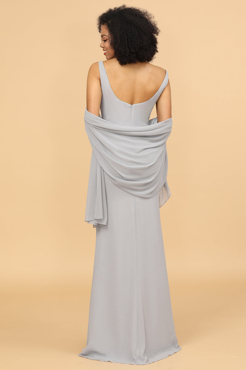 Load image into Gallery viewer, Grey Square Neck Mermaid Bridesmaid Dress with Shawl