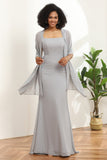 Grey Square Neck Mermaid Bridesmaid Dress with Shawl