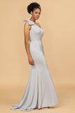 Grey Satin One Shoulder Mermaid Bridesmaid Dress With Bowknot