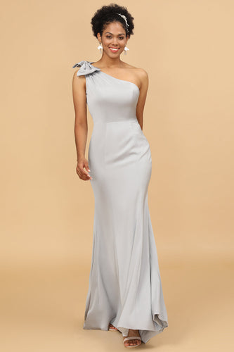 Grey Satin One Shoulder Mermaid Bridesmaid Dress With Bowknot