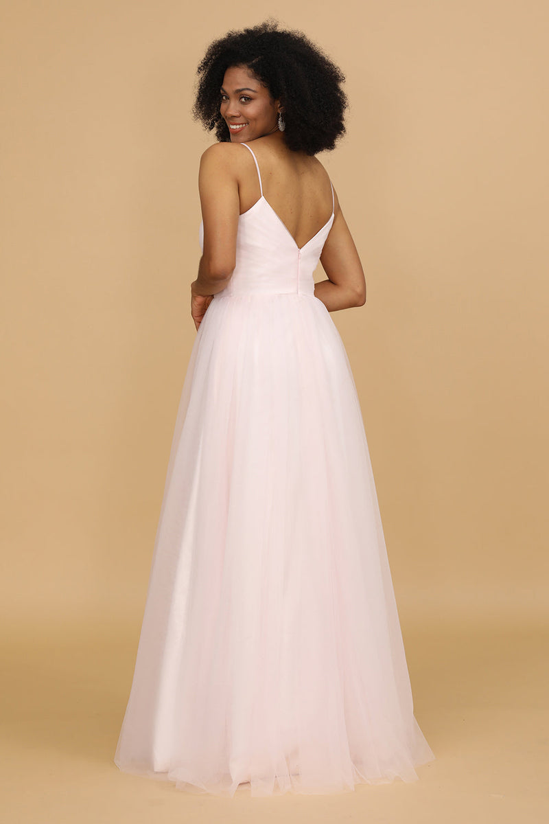 Load image into Gallery viewer, Pink Spaghetti Straps Tulle Bridesmaid Dress