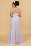 A Line Spaghetti Straps Pink and Blue Tulle Long Bridesmaid Dress