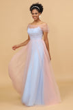 A Line Spaghetti Straps Pink and Blue Tulle Long Bridesmaid Dress