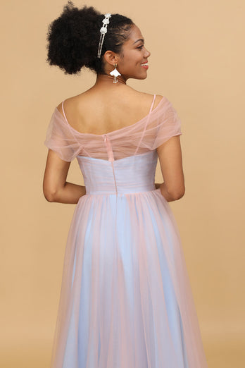 A Line Spaghetti Straps Pink and Blue Tulle Long Bridesmaid Dress