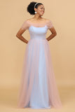 A Line Spaghetti Straps Pink and Blue Tulle Long Bridesmaid Dress