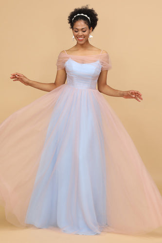 A Line Spaghetti Straps Pink and Blue Tulle Long Bridesmaid Dress