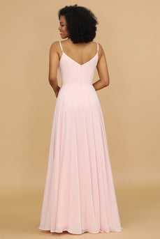 A Line Spaghetti Straps Pink Chiffon Long Bridesmaid Dress