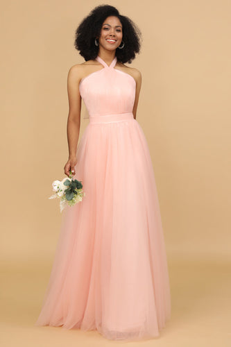 A Line Halter Blush Tulle Long Bridesmaid Dress