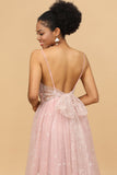 A Line Spaghetti Straps Tulle Blush Long Bridesmaid Dress