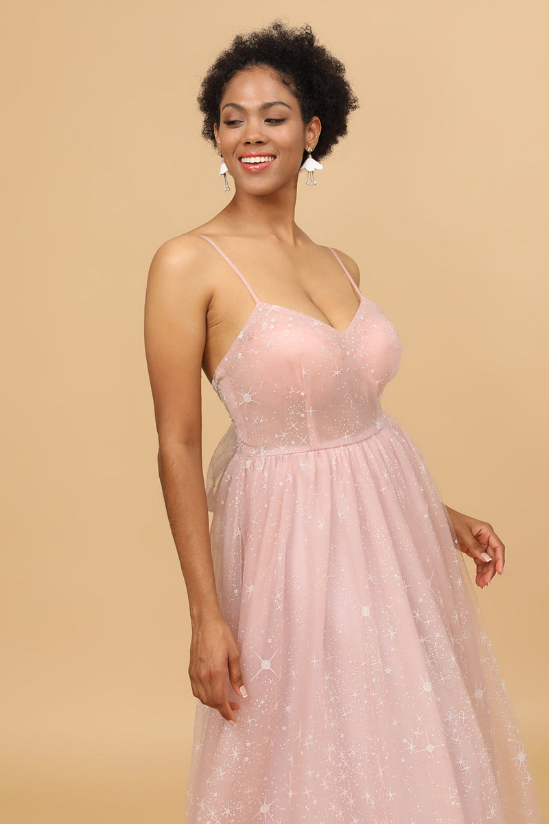 Load image into Gallery viewer, A Line Spaghetti Straps Tulle Blush Long Bridesmaid Dress