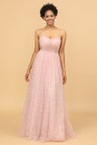 A Line Spaghetti Straps Tulle Blush Long Bridesmaid Dress