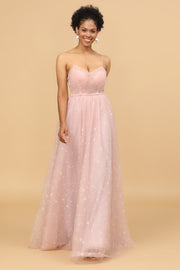 A Line Spaghetti Straps Tulle Blush Long Bridesmaid Dress