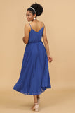 A Line Spaghetti Straps Royal Blue Tea Length Bridesmaid Dress