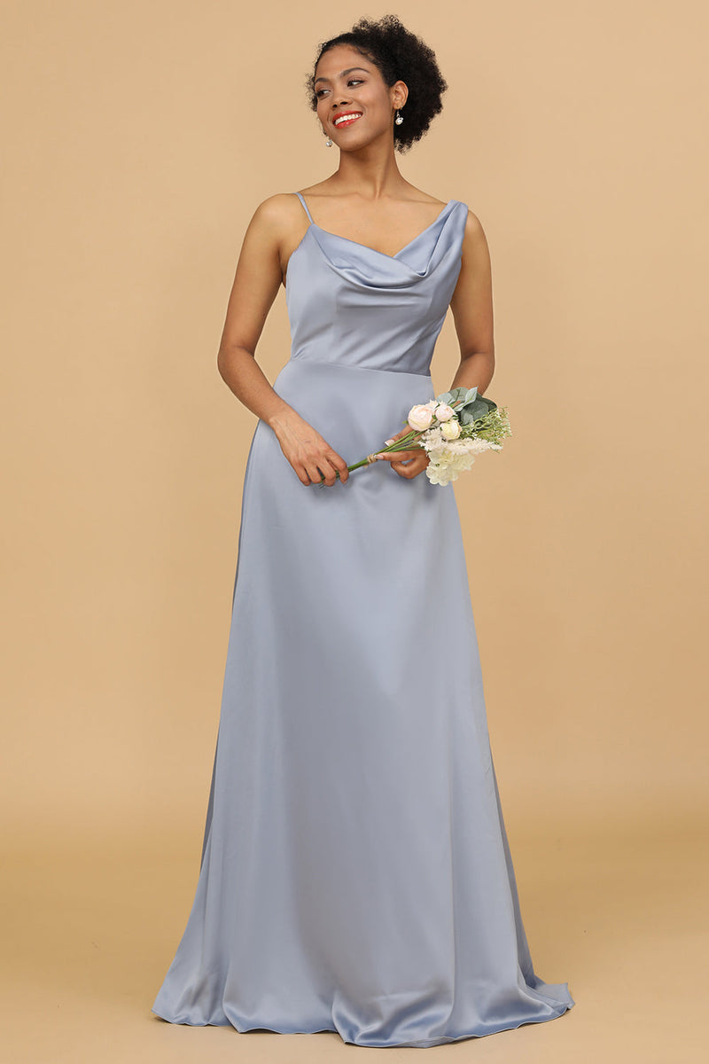 Square-neck Satin A-line Maxi Bridesmaid Dress With Front Slit In Cobalt  Blue