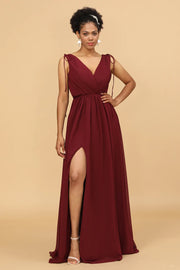 Burgundy V-Neck Lace Up Bridesmaid Dress With Slit