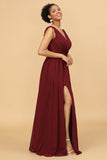 Burgundy V-Neck Lace Up Bridesmaid Dress With Slit