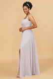 Grey Square Neck Chiffon Bridesmaid Dress