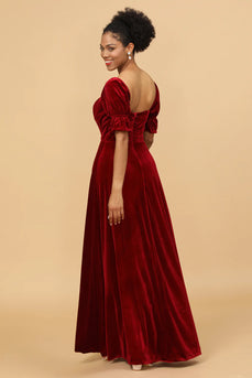 Red Velvet Half Sleeves Bridesmaid Dress With Slit