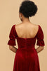 Load image into Gallery viewer, Red Velvet Half Sleeves Bridesmaid Dress With Slit