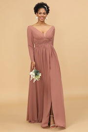 Blush V-Neck Long Sleeves Bridesmaid Dress