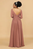 Blush V-Neck Long Sleeves Bridesmaid Dress