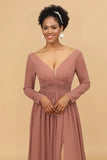 Blush V-Neck Long Sleeves Bridesmaid Dress