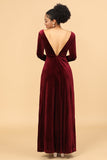 Sheath Burgundy Deep V-Neck Long Sleeves Velvet Bridesmaid Dress