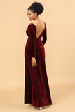 Sheath Burgundy Deep V-Neck Long Sleeves Velvet Bridesmaid Dress