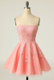 Blush Strapless Short Prom Dress with Appliques