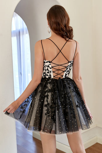 A Line Spaghetti Straps Black Short Prom Dress with Appliques