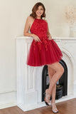 A Line Halter Red Short Prom Dress with Appliques