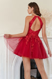 A Line Halter Red Short Prom Dress with Appliques