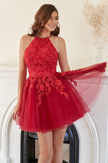 A Line Halter Red Short Prom Dress with Appliques