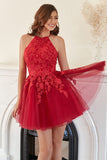 A Line Halter Red Short Prom Dress with Appliques