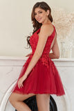 A Line Halter Red Short Prom Dress with Appliques