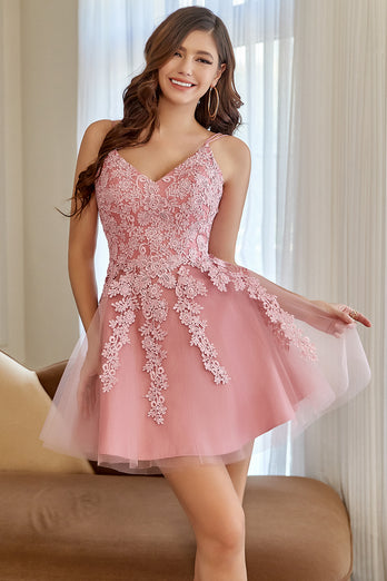 A Line Spaghetti Straps Blush Short Cocktail Dress with Appliques