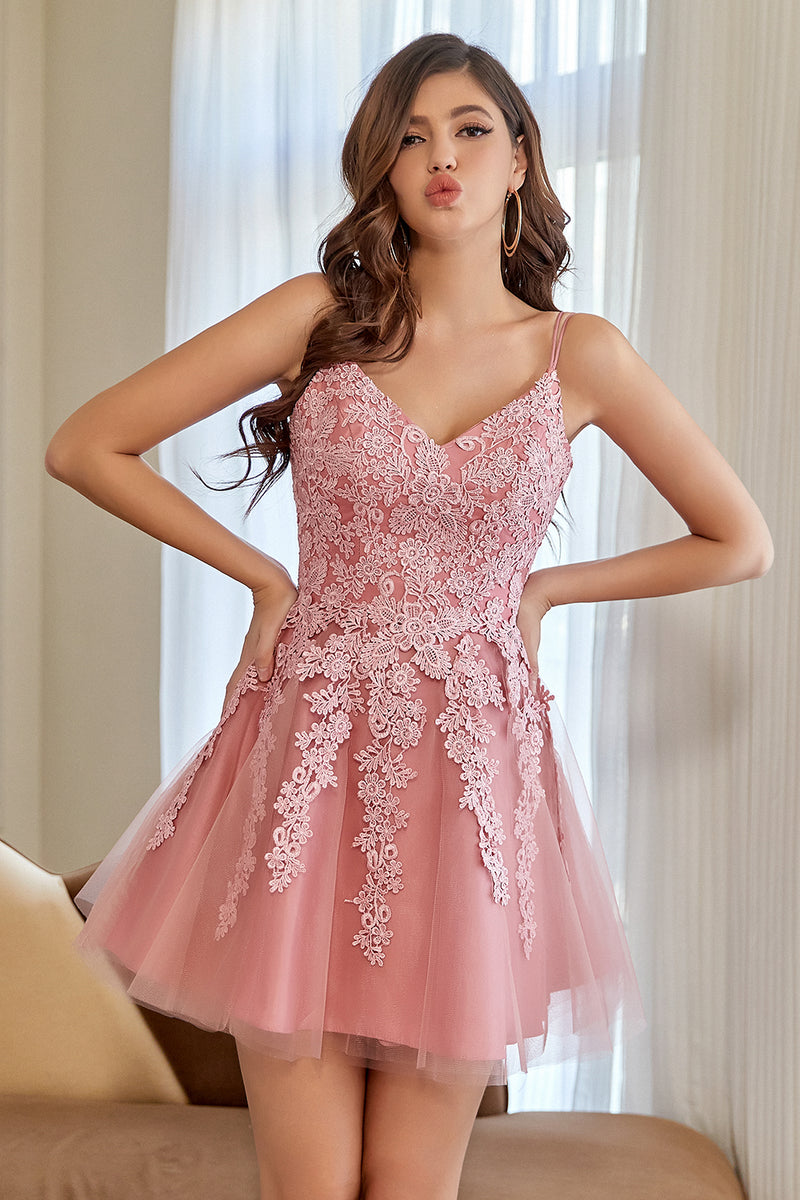 Load image into Gallery viewer, A Line Spaghetti Straps Blush Short Cocktail Dress with Appliques