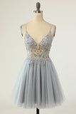 Gorgeous A Line Spaghetti Straps Grey Short Cocktail Dress with Beading