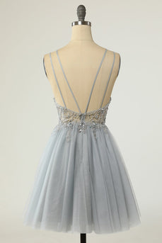 Gorgeous A Line Spaghetti Straps Grey Short Cocktail Dress with Beading