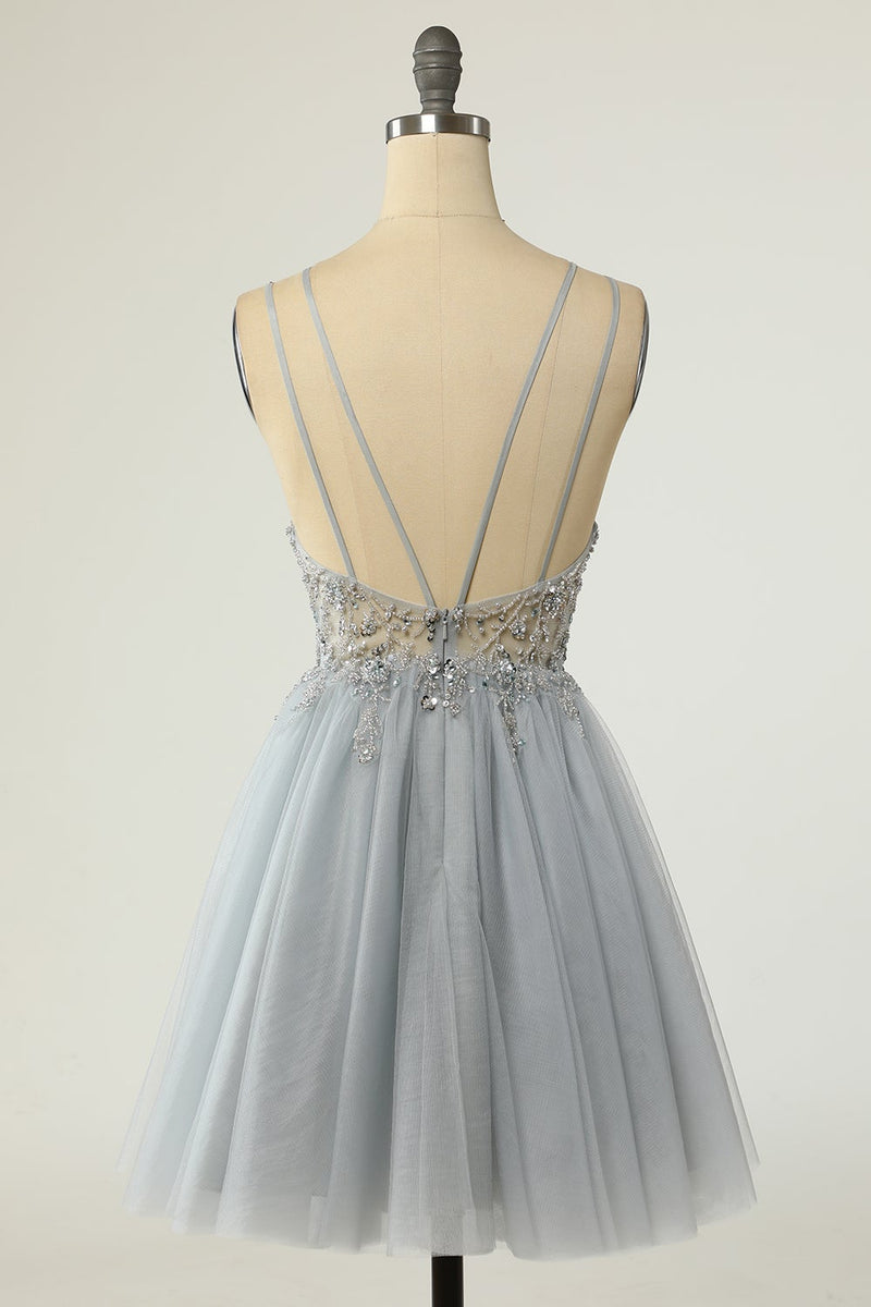 Load image into Gallery viewer, Gorgeous A Line Spaghetti Straps Grey Short Cocktail Dress with Beading