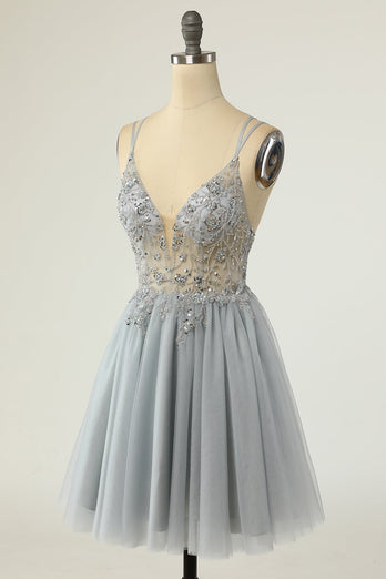 Gorgeous A Line Spaghetti Straps Grey Short Cocktail Dress with Beading