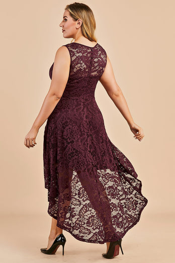 Burgundy Plus Size Asymmetrical Lace Party Dress